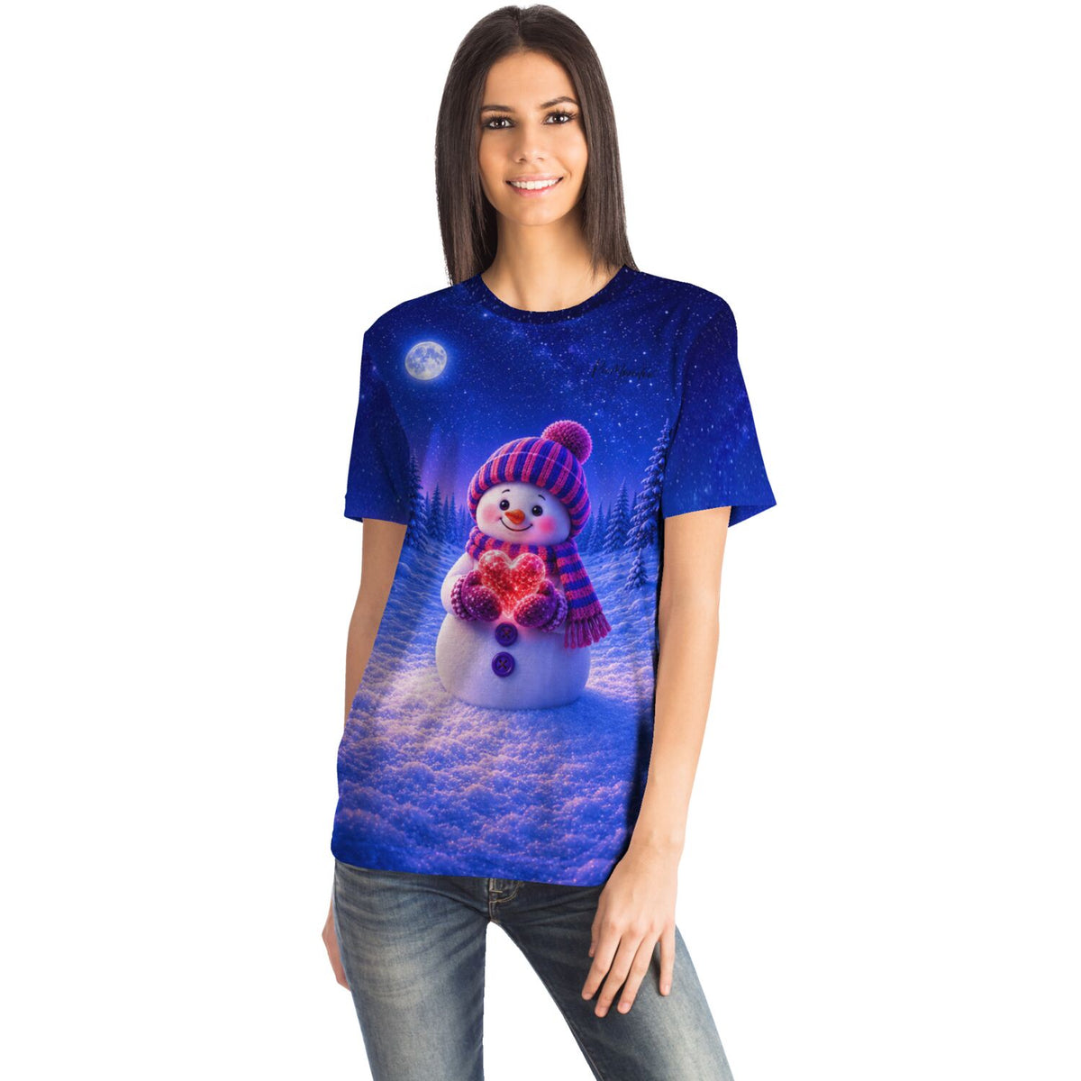 Frau trägt blaues T-Shirt mit Schneemann-Motiv, perfekt für Fans von Diamond Painting und Malen nach Zahlen Winter-Designs