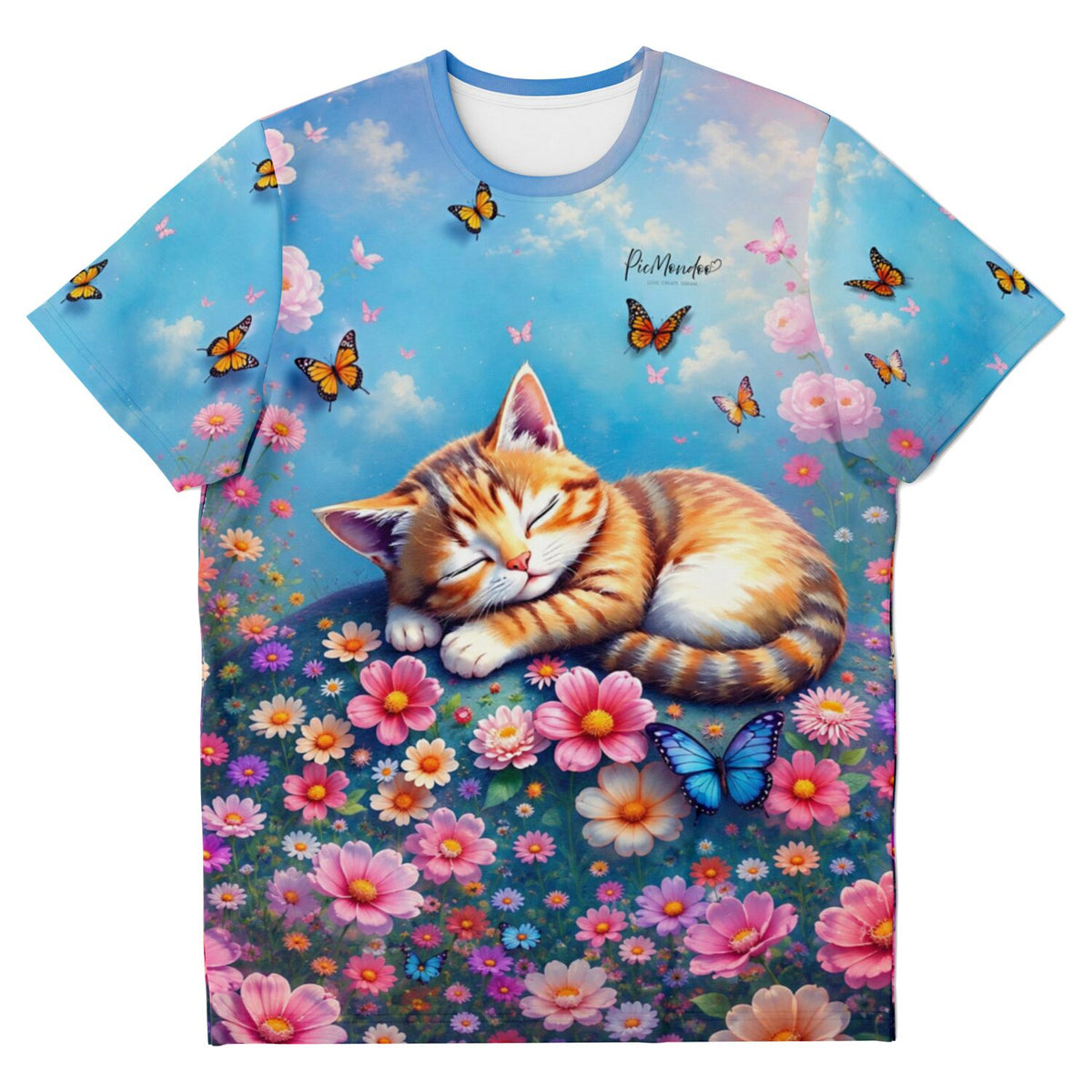 Dreamer T-Shirt mit schlafender Katze in Blumenwiese und Schmetterlingen im Stil von Diamond Painting Motiven