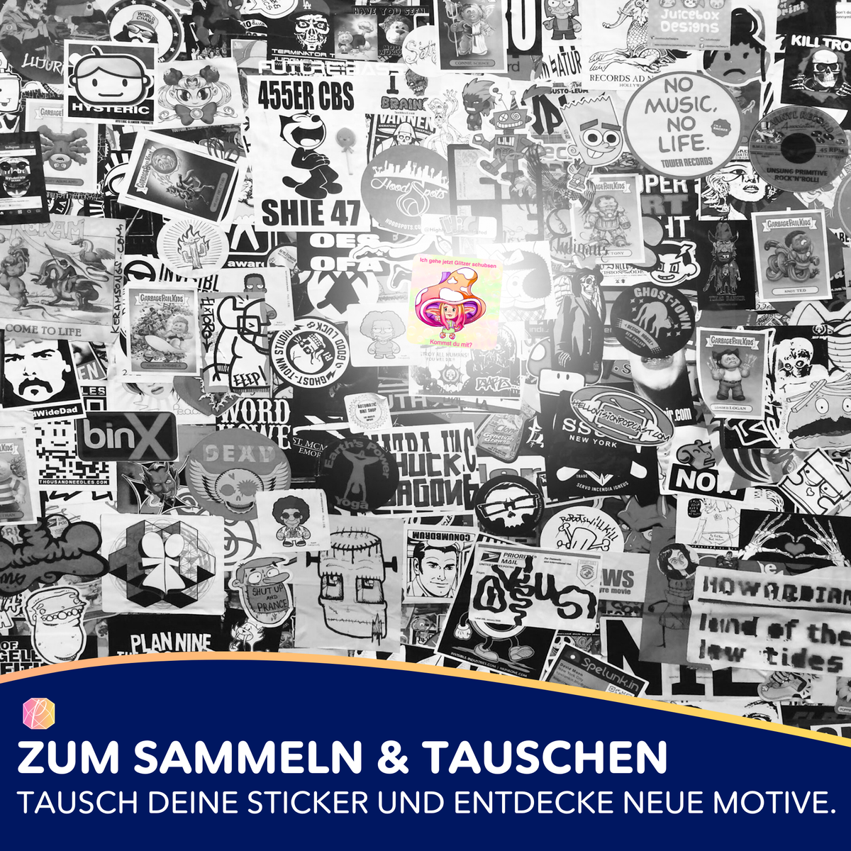 Moni Shroomi Aufkleber für Diamond Painting Zubehör vor schwarz-weißem Sticker-Hintergrund