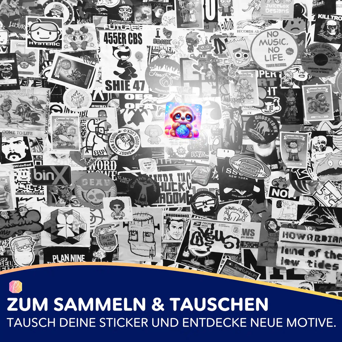 5er-Set Aufkleber für Diamond Painting und Bastelbedarf mit süßem Otto Wollo Motiv im Zentrum als farbiges Highlight