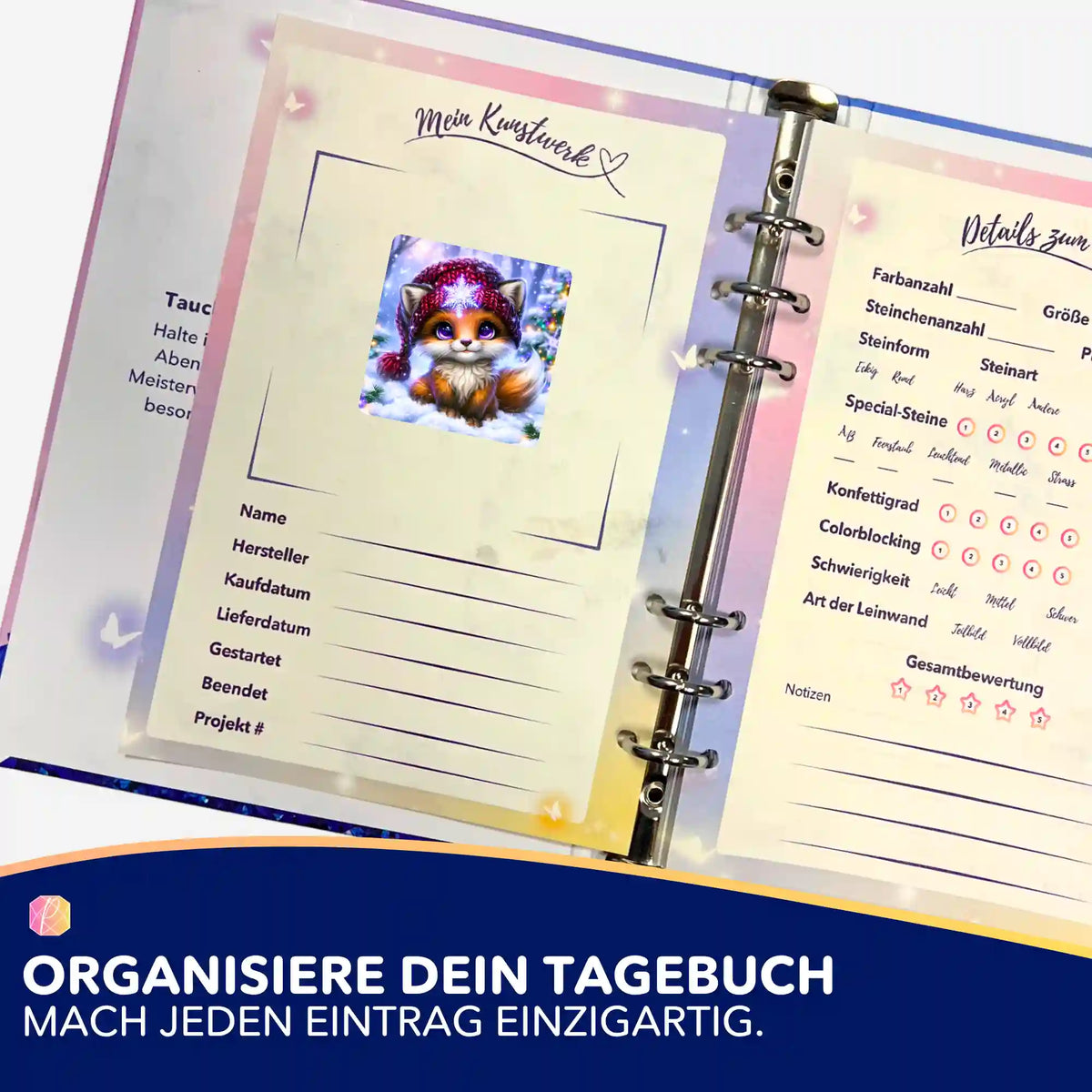 Diamond Painting Aufkleber Winterzauber Fuchs in einem organisierenden Tagebuch für dein DIY-Hobby bei Picmondoo.