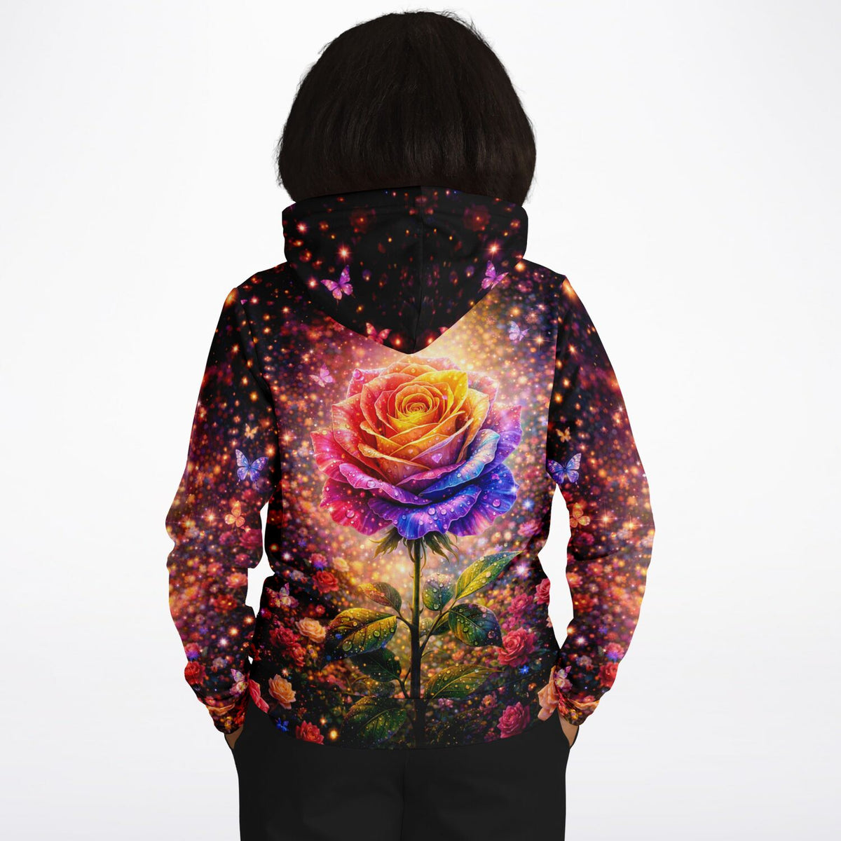 Dreamer Hoodie mit farbenfroher Regenbogen-Rose, Schmetterlingen und magischem Sternenlicht-Design