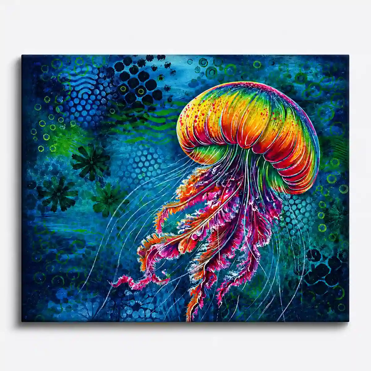Malen nach Zahlen Erwachsene: Bunt leuchtende Qualle Medusa Solaris im tiefblauen Meer als Leinwandbild.