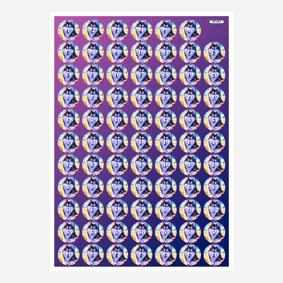 Bunte Diamond Painting Döschenaufkleber mit Husky-Motiv zum passgenauen Sortieren von Diamanten nach Nummern