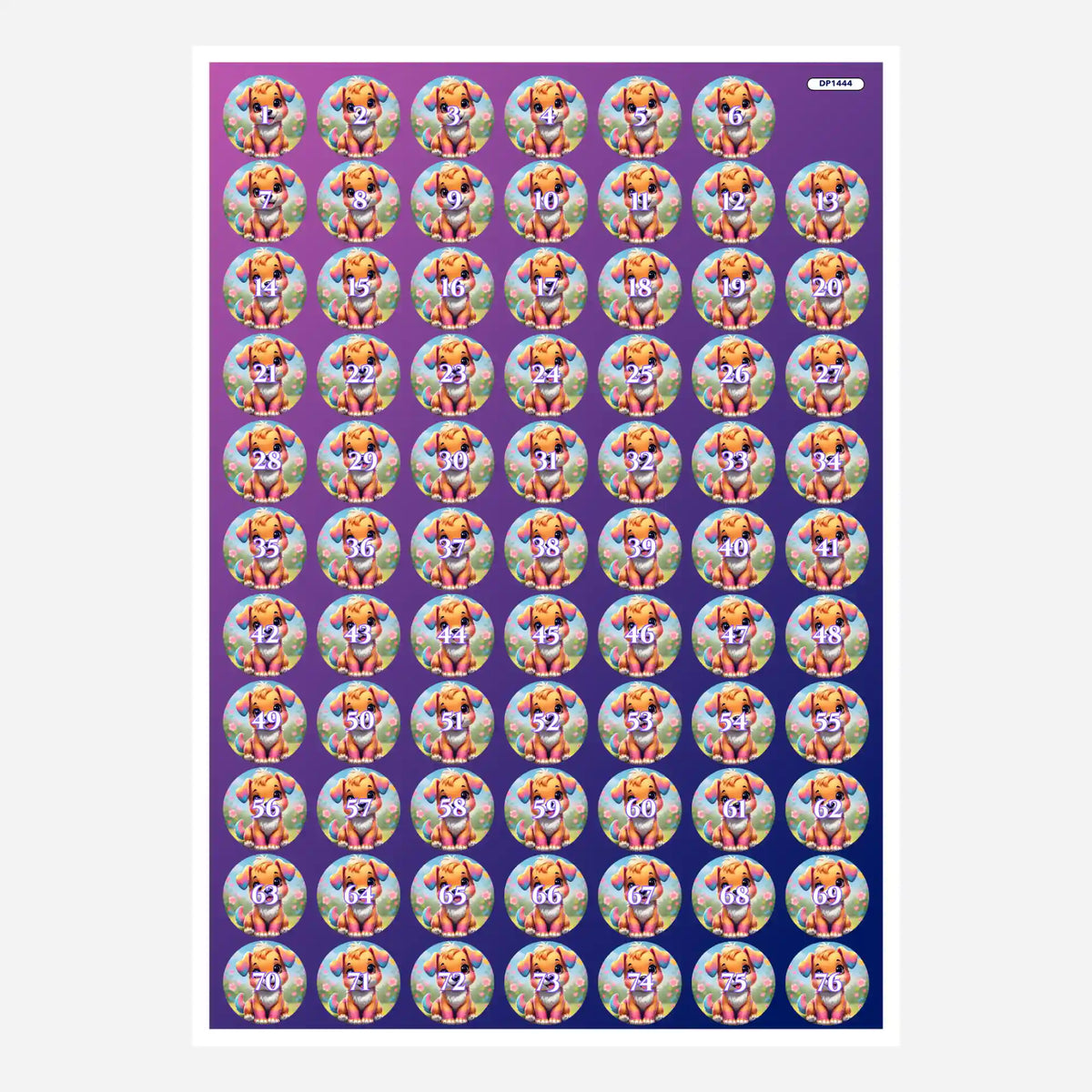 Bogen mit süßen Puschel-Döschenaufklebern für Diamond Painting zur übersichtlichen Sortierung der Diamanten.