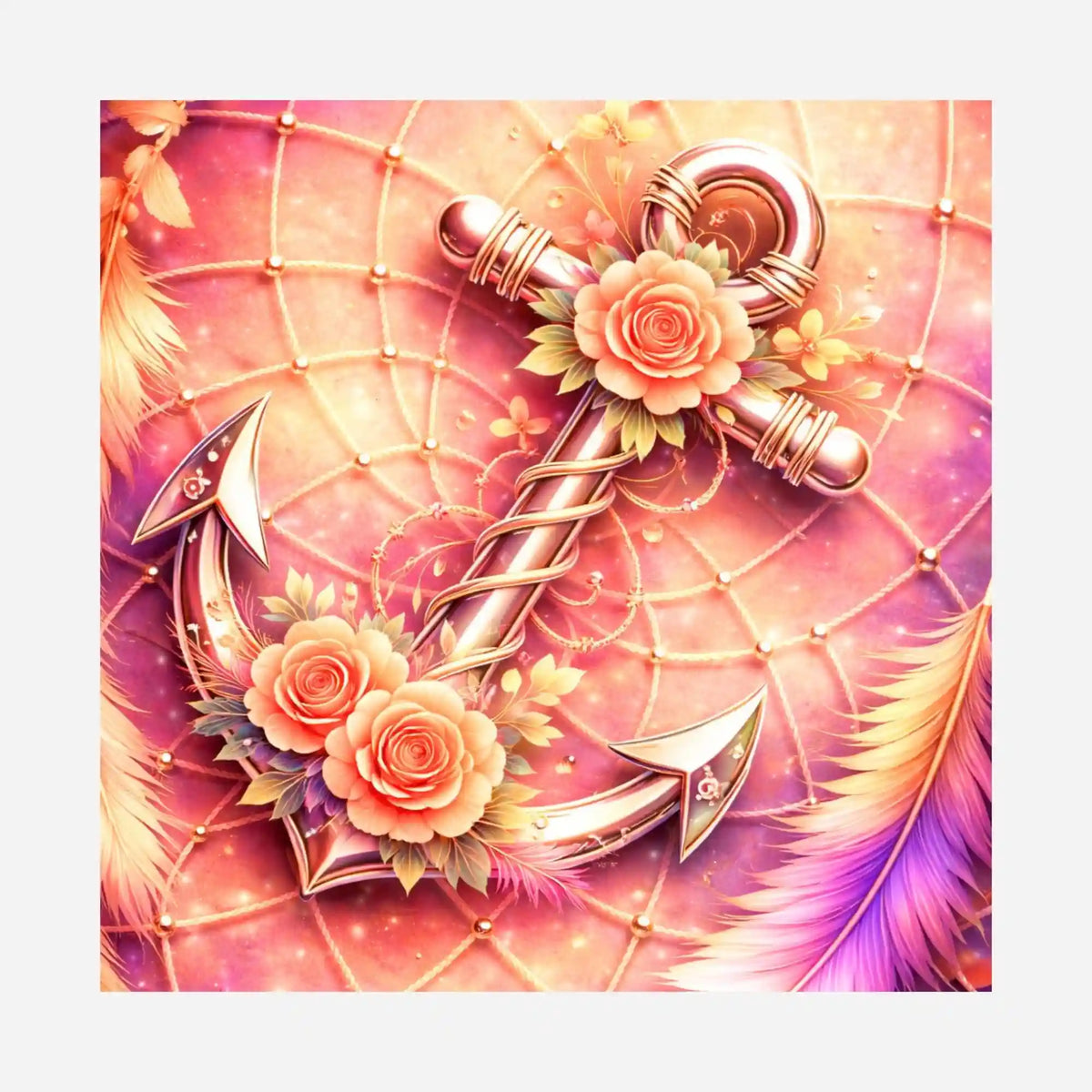 Silikonpapier für Diamond Painting mit sommerlichem Anker-Motiv, verziert mit zarten Rosen und Federn.
