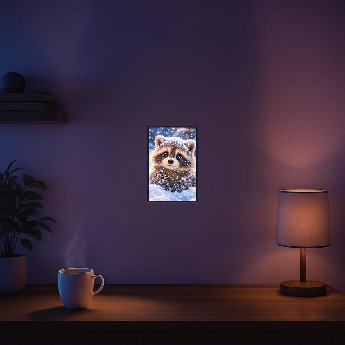 Diamond Painting Set Nivali als süßer Waschbär im Schnee in modernem schwarzen Rahmen an einer dunklen Zimmerwand