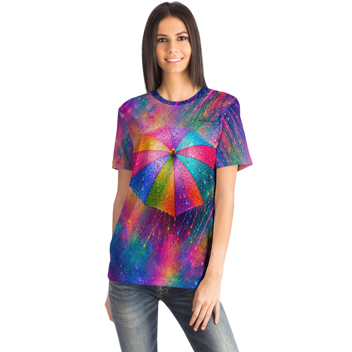 Frau trägt Dreamer T-Shirt mit buntem Regenschirm-Motiv, inspiriert durch Diamond Painting und Malen nach Zahlen Designs