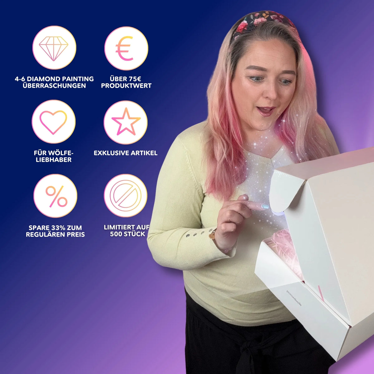 Frau öffnet Mystery-Box mit 4-6 exklusiven Diamond Painting Überraschungen für Wölfe-Fans von Picmondoo