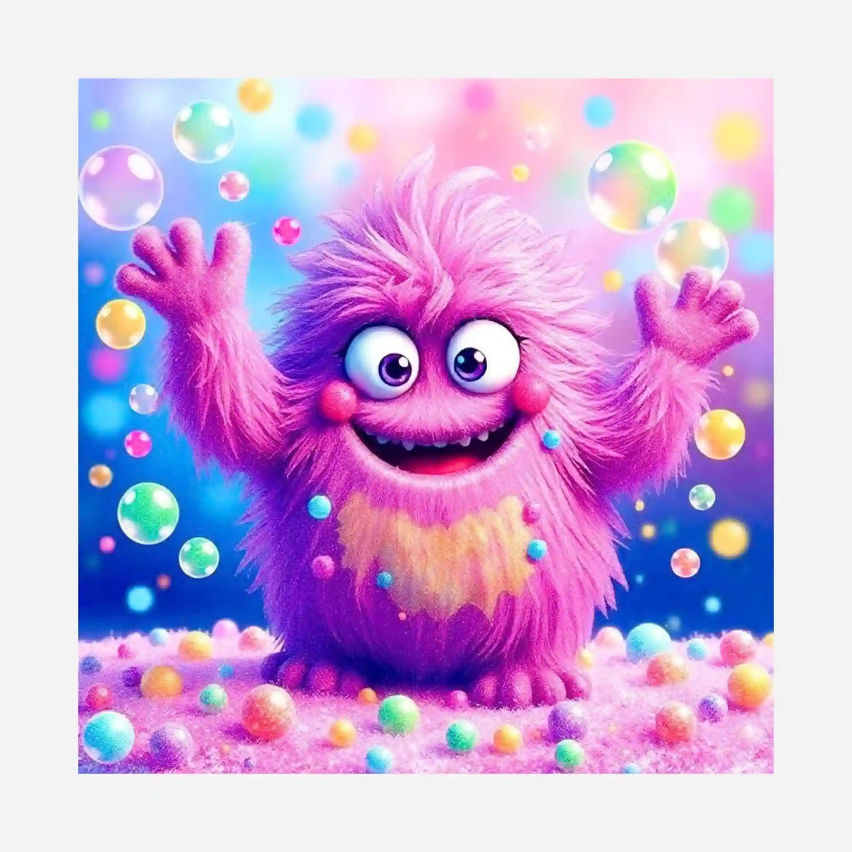 Silikonpapier für Diamond Painting: Motiv Eckbert, ein fröhliches pinkes Monster mit bunten Seifenblasen