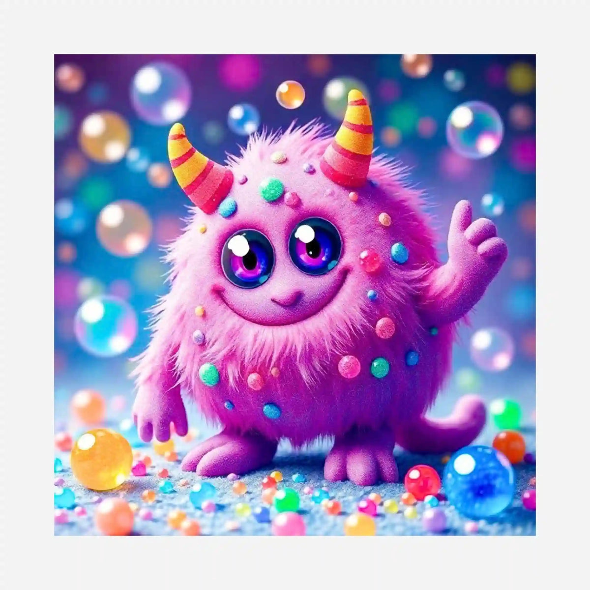 Flauschiges rosa Monster Rolli mit bunten Hörnern – Motiv für Diamond Painting Silikonpapier