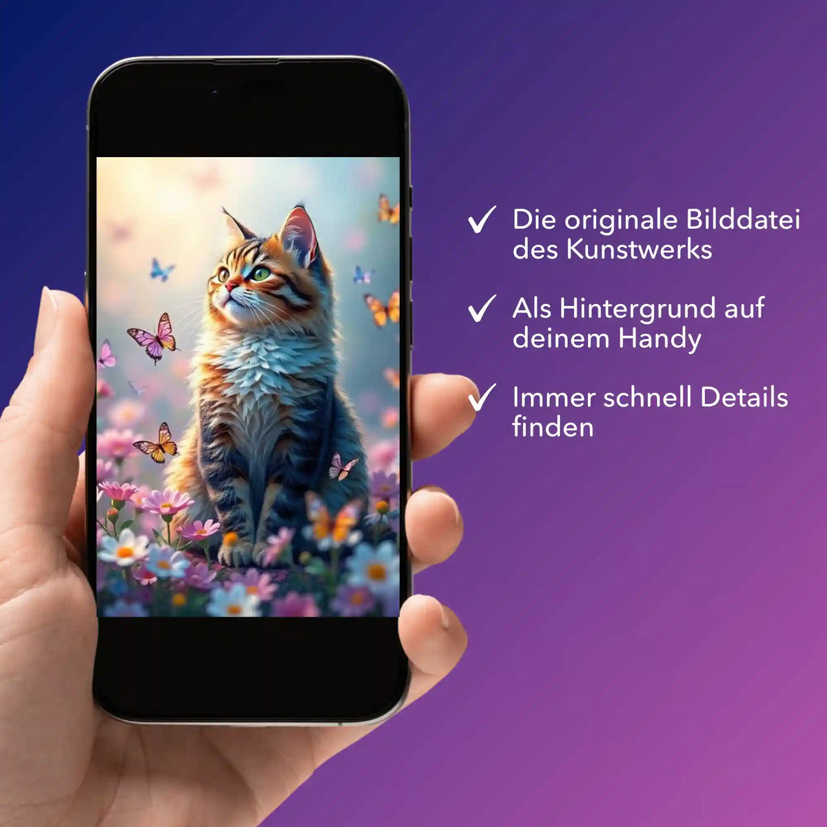 Digitale Bildmappe für Diamond Painting mit Katzenmotiv auf dem Smartphone als digitale Vorlage für Bastelprojekte