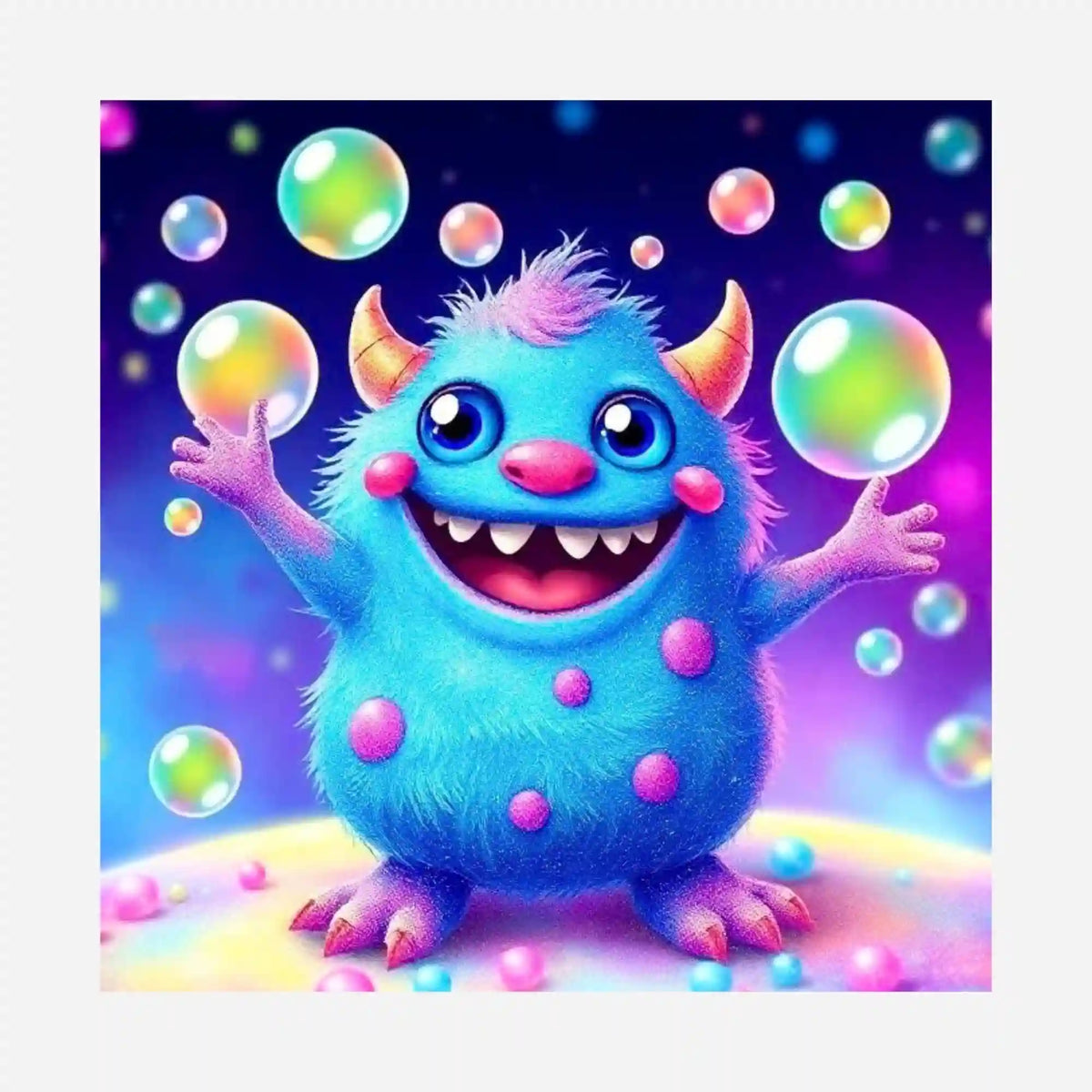 Diamond Painting Silikonpapier Happy: Fröhliches blaues Monster mit bunten Seifenblasen