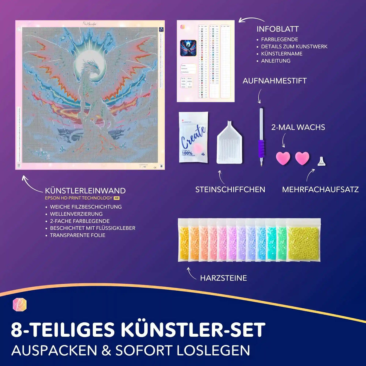 Diamond Painting Set Aetherion mit Drachen-Motiv, hochwertiger Künstler-Leinwand, Harzsteinen und komplettem Zubehör-Set.