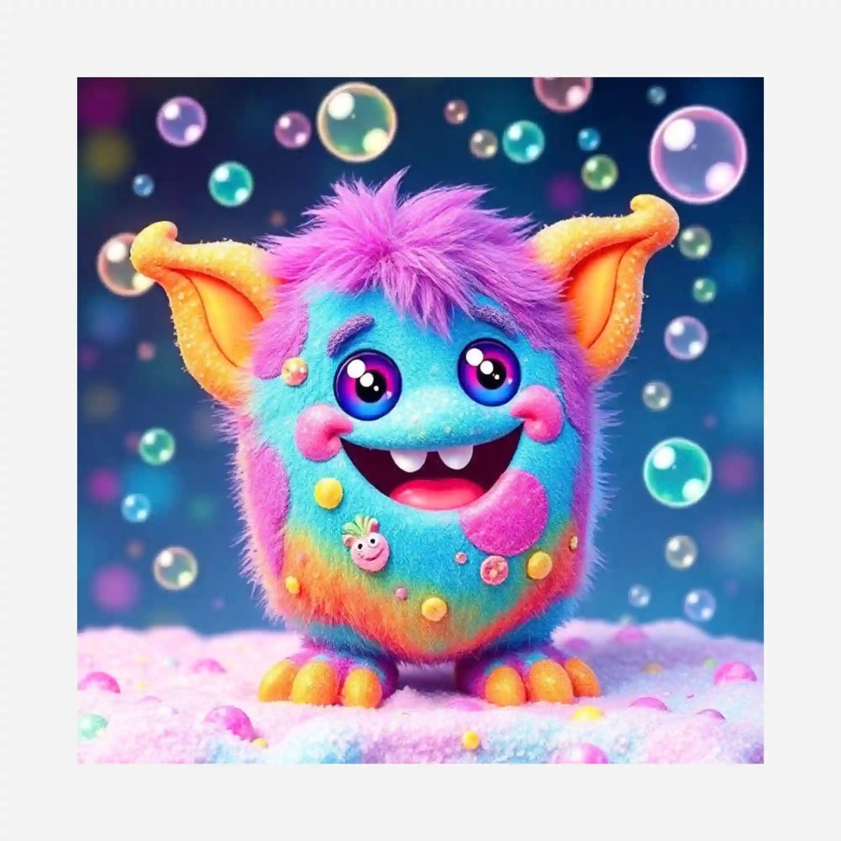 Diamond Painting Silikonpapier Motiv Grinsebacke: Buntes, niedliches Monster mit Seifenblasen
