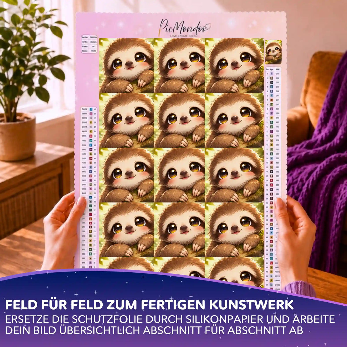 Picmondoo Silikonpapier-Set Moari mit Faultier-Motiv zur Abdeckung einer Diamond Painting Leinwand