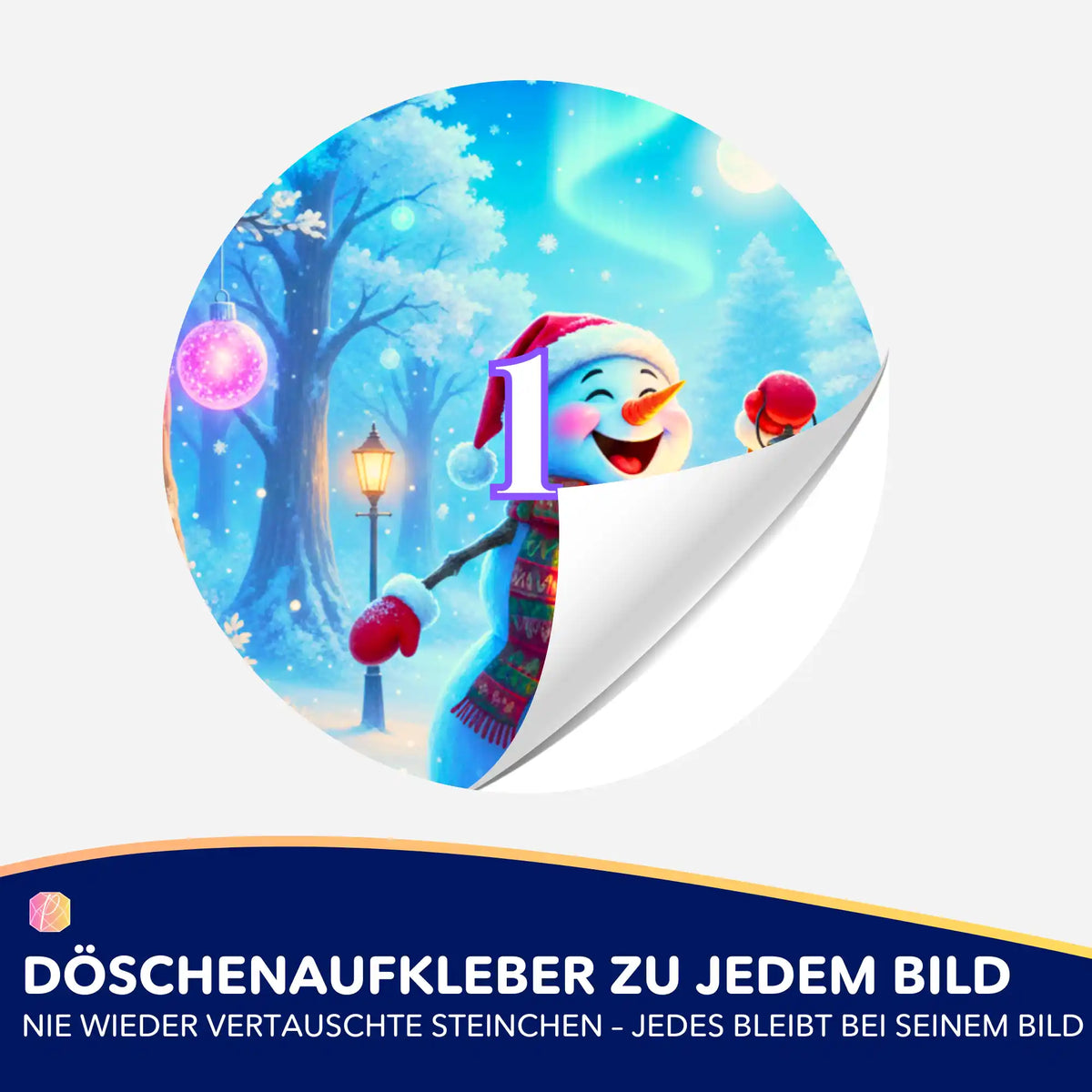 Runder Döschenaufkleber mit Schneemann-Motiv zur Organisation von Diamond Painting Steinchen und Bastelzubehör