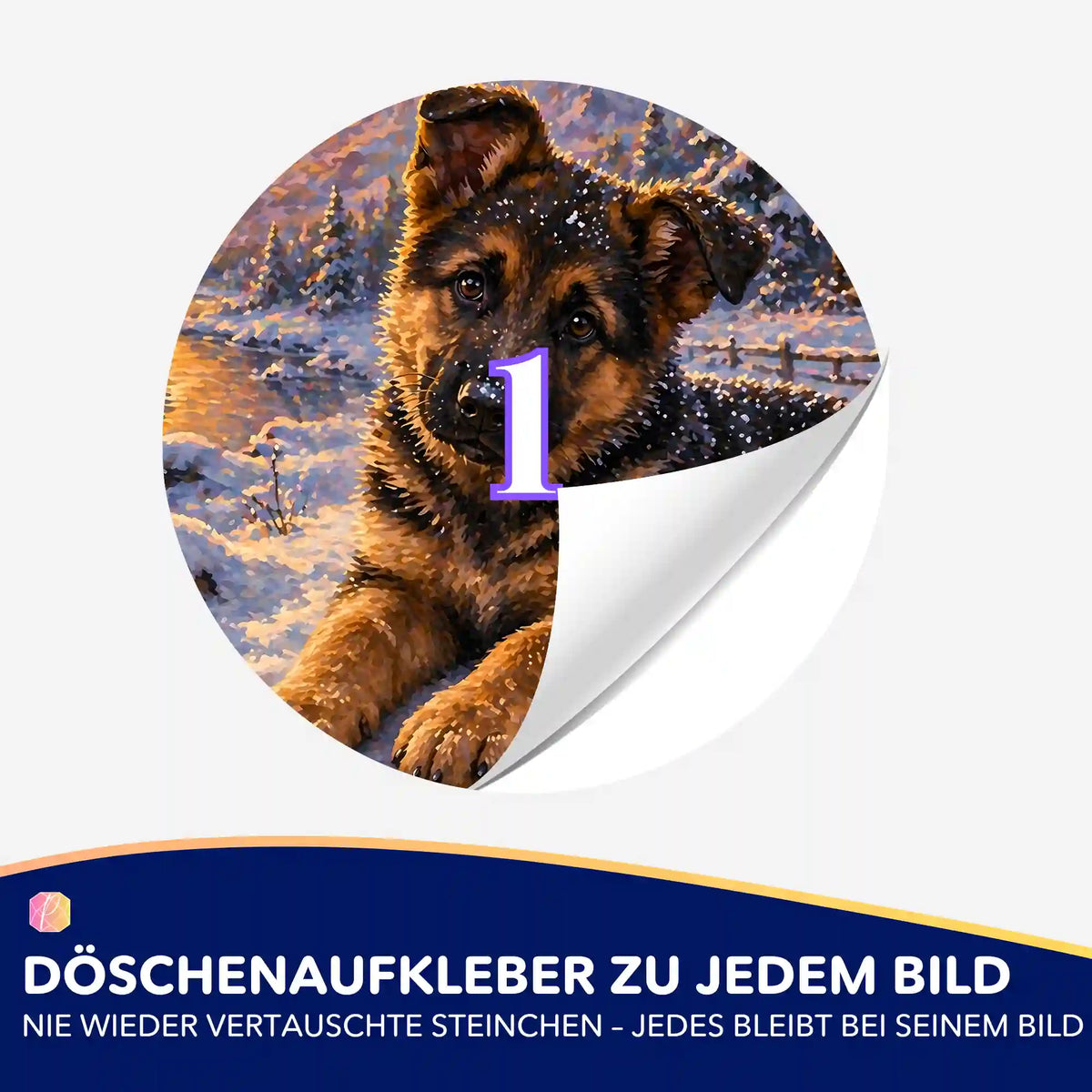 Runder Döschenaufkleber mit Hundemotiv für Diamond Painting Zubehör zur optimalen Organisation der Steinchen.