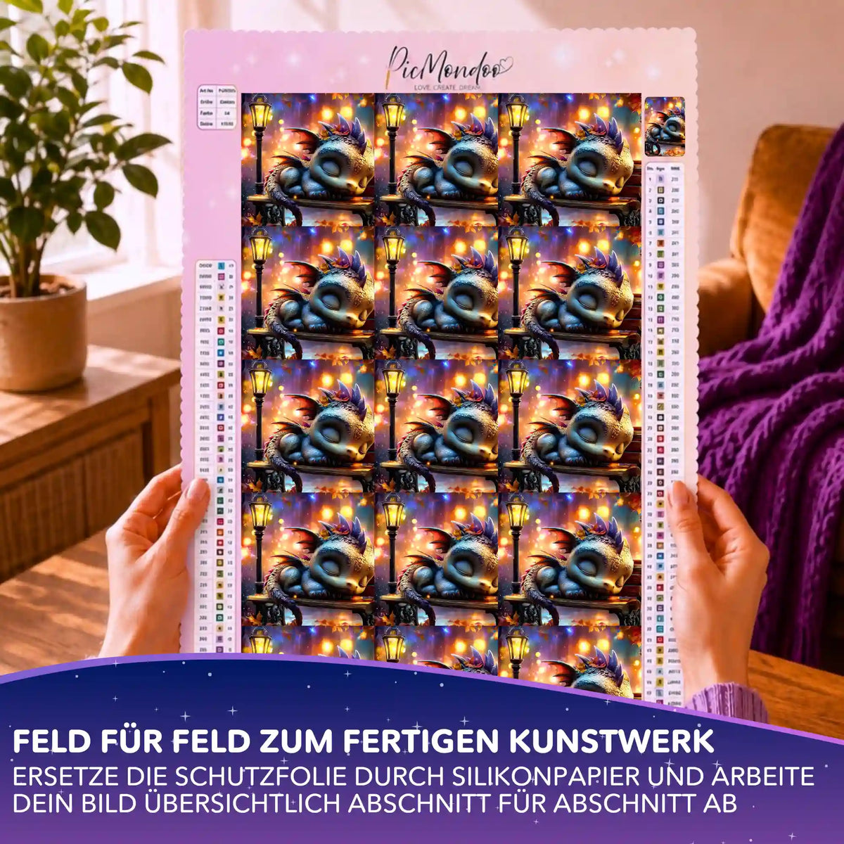 Diamond Painting Silikonpapier-Set Lumos Schlummer mit schlafendem Drachen auf Leinwand