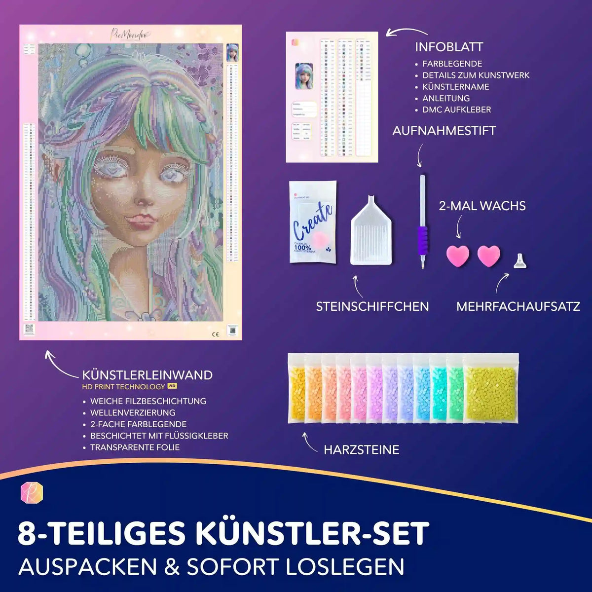 Diamond Painting Set Feenprinzessin Elara mit Leinwand, bunten Harzsteinen und Zubehör für kreatives Basteln.