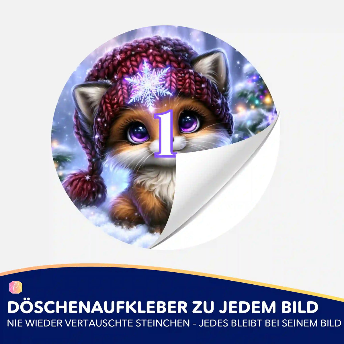 Runder Diamond Painting Döschenaufkleber mit niedlichem Kätzchen Motiv im Winterzauber-Design zur Steinchen-Sortierung