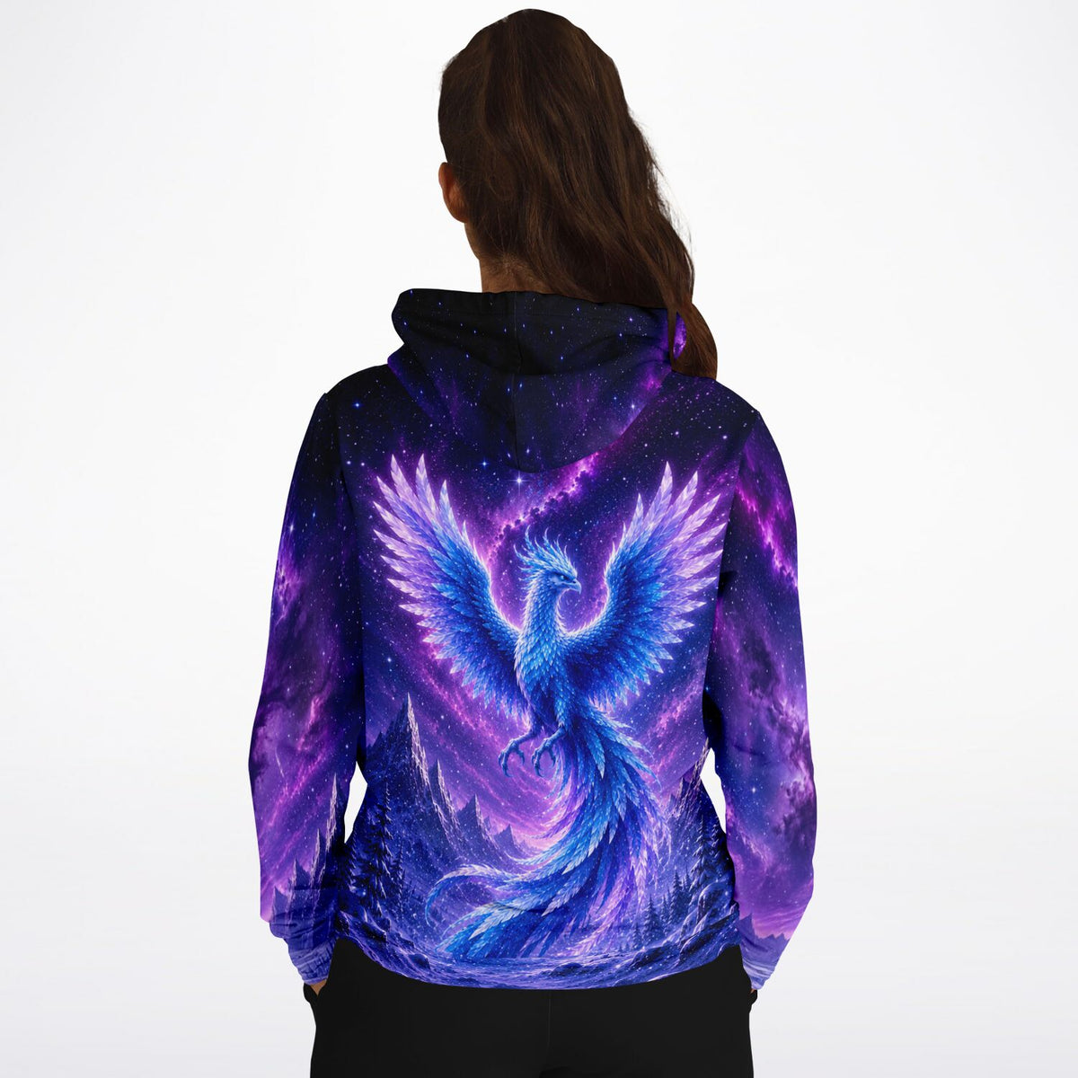 Dreamer Hoodie mit Winterphönix Motiv in Violett und Blau – inspiriert von Diamond Painting Kunstwerken
