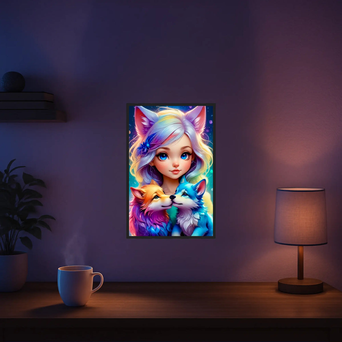 Diamond Painting Set Wolfsmädchen Finja mit zwei bunten Babywölfen als Anime-Motiv an einer Wand