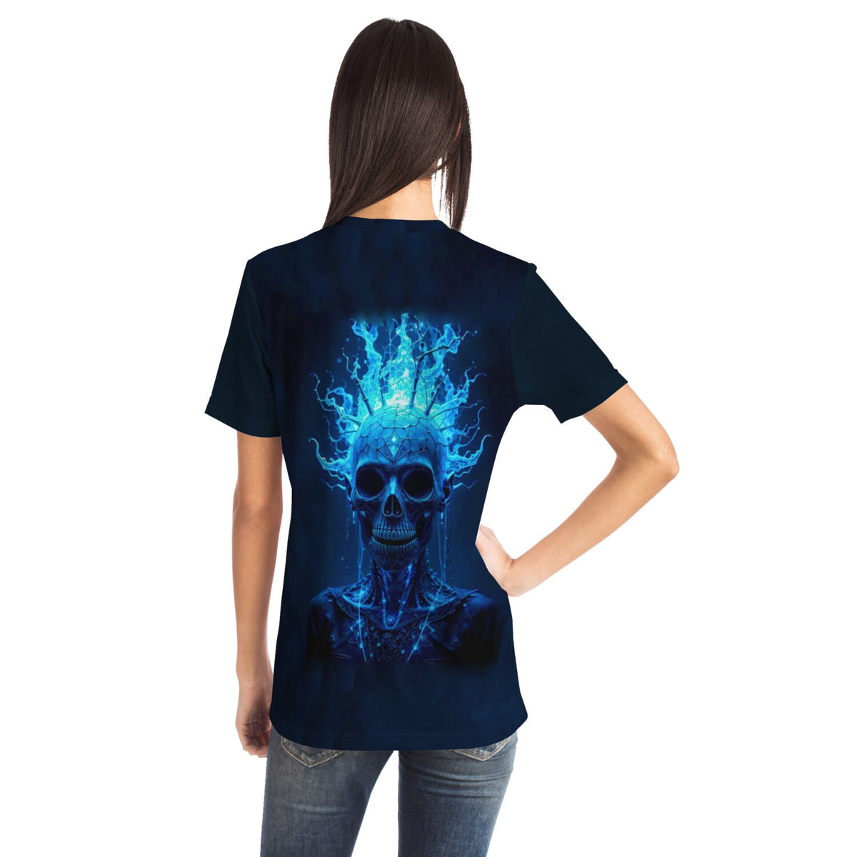 Schwarzes T-Shirt mit leuchtendem Totenkopf-Motiv in Blau – ideal für Fans von Malen nach Zahlen und Diamond Painting