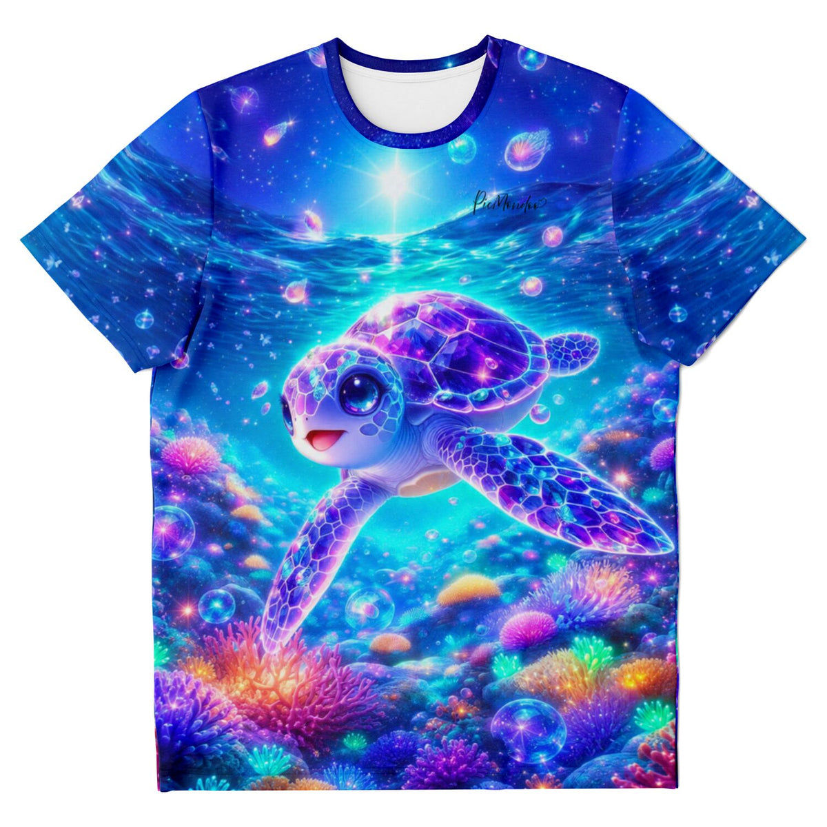 T-Shirt mit Sternenschildkröte Motiv, wie es von Diamond Painting Sets bekannt ist, in lebendigen Blau- und Violetttönen.