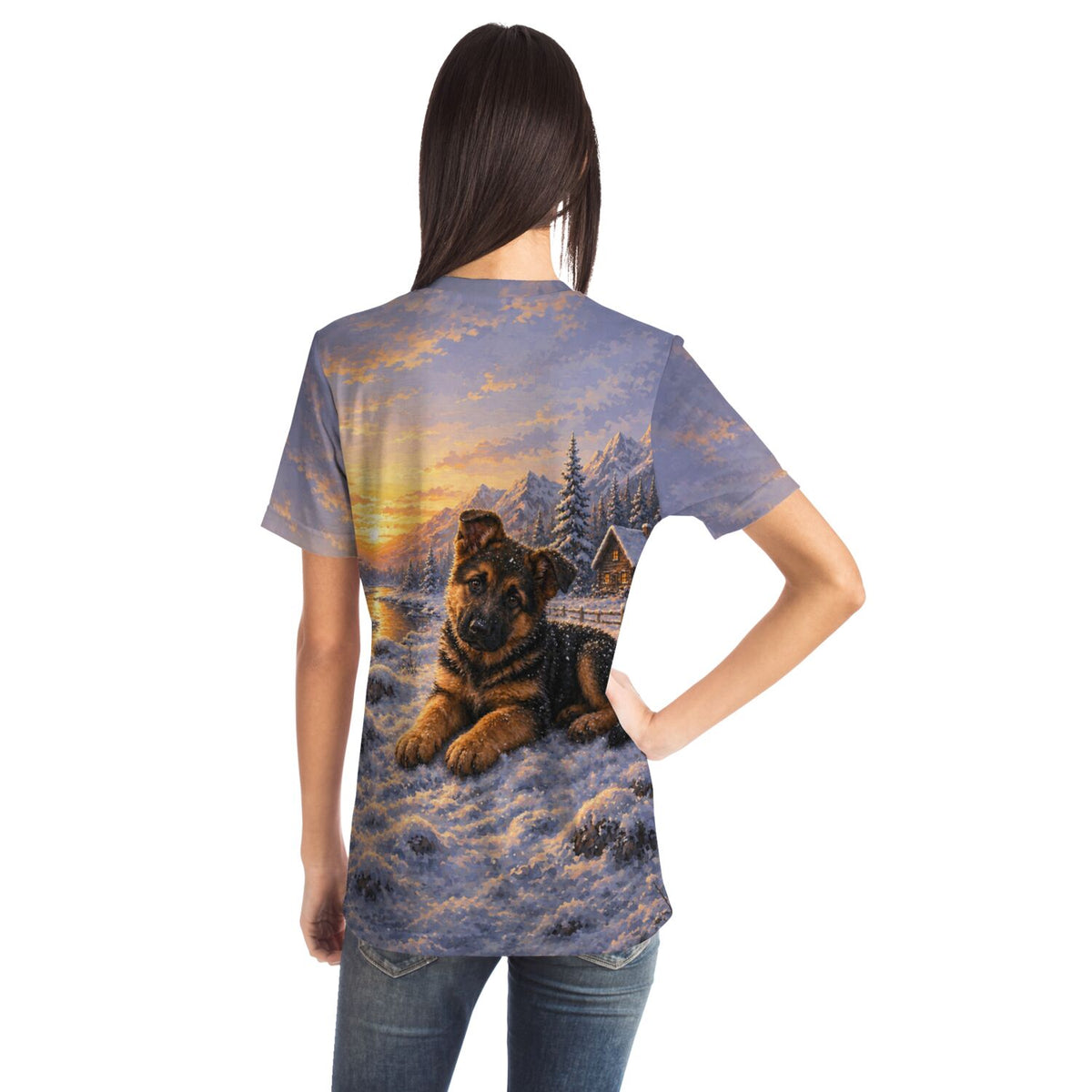 Frau trägt T-Shirt mit Motiv Lokis erster Winter – perfekt als Diamond Painting oder Malen nach Zahlen für Erwachsene