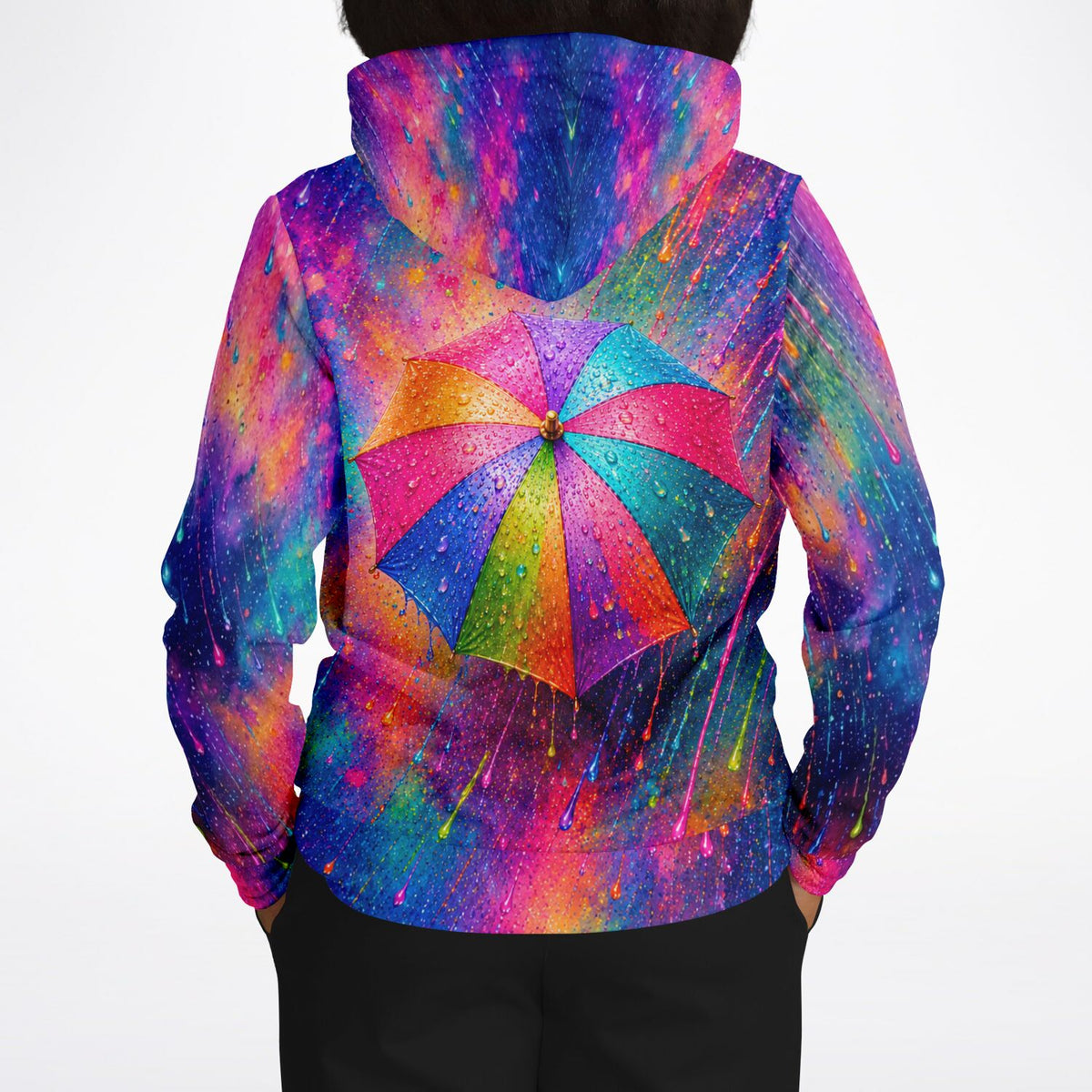 Bunter Dreamer Hoodie mit Regenbogen-Regenschirm Motiv im Stil von Malen nach Zahlen und Diamond Painting Kunst