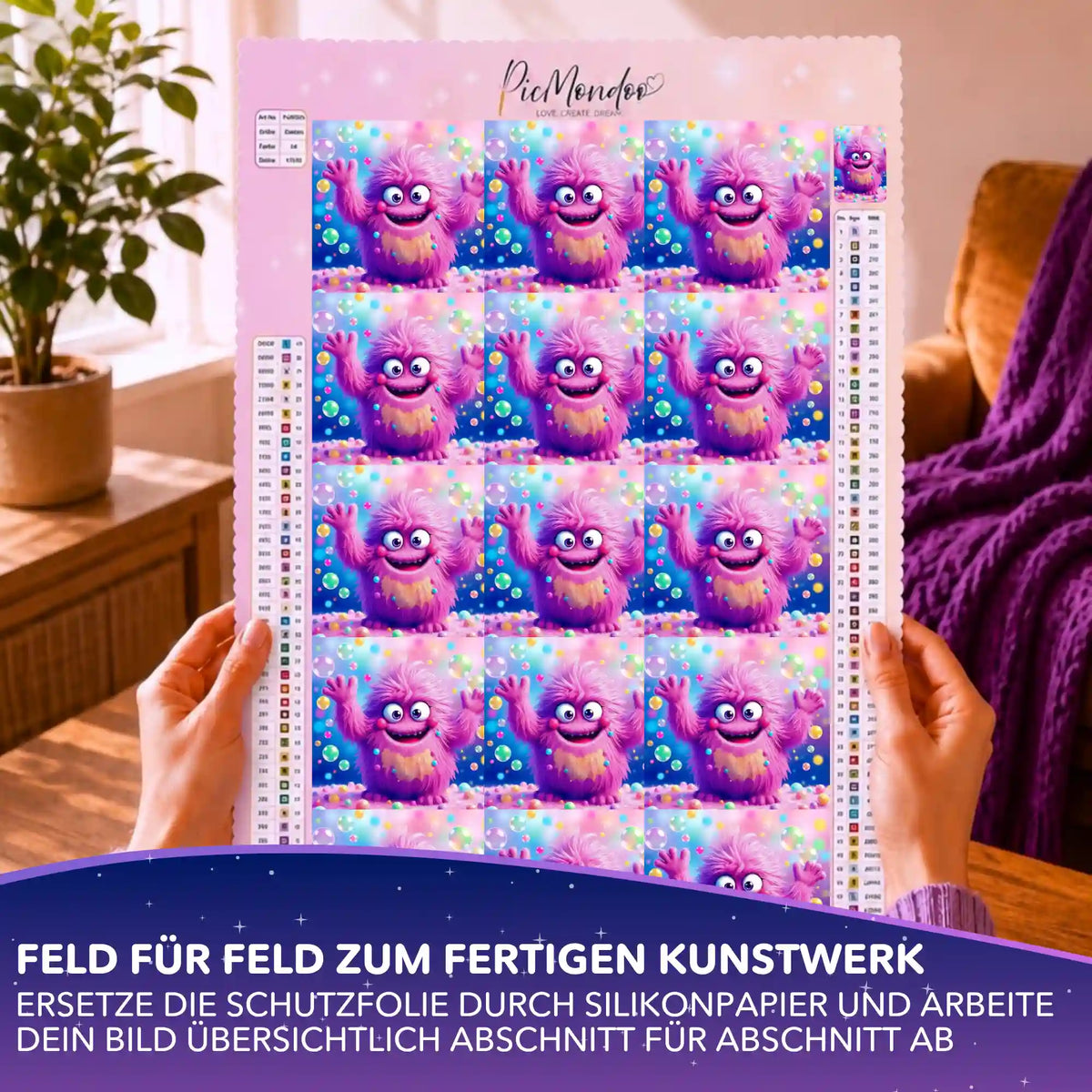 Silikonpapier-Set für Diamond Painting mit Monster Eckbert zur Einteilung der DIY Leinwand in Abschnitte