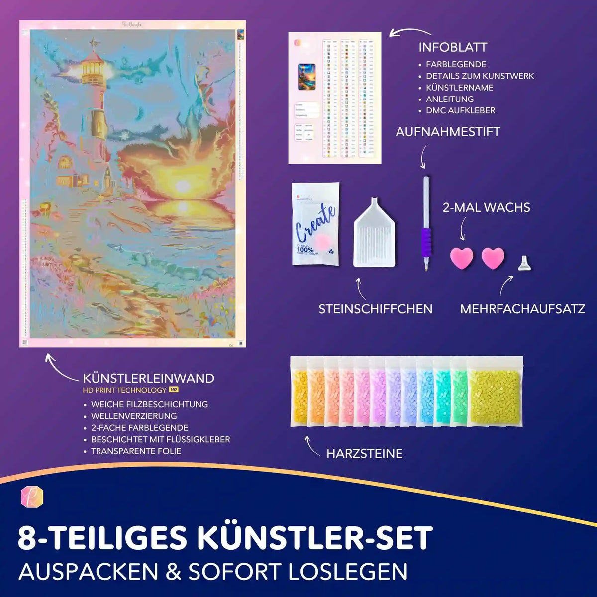 Diamond Painting Set Wächter des Horizonts mit Leuchtturm-Motiv, Glitzersteinen, Leinwand und Zubehör für DIY-Kunstwerke