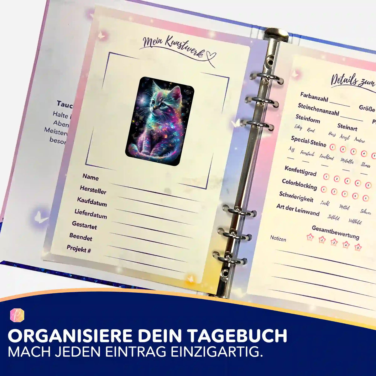 Kätzchen Kunterbunt Aufkleber als Ergänzung für Diamond Painting Tagebuch zur Organisation von DIY-Kunstwerken