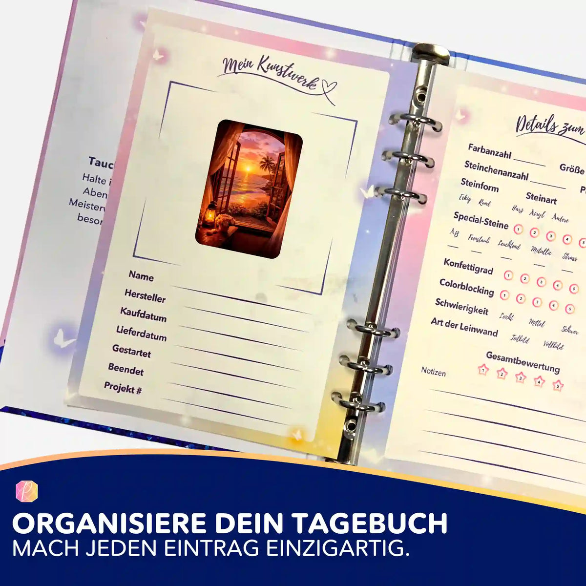 Aufkleber-Set Goldene Stille für die Diamond Painting Tagebuch Organisation mit Motiv-Sticker und Projektdetails