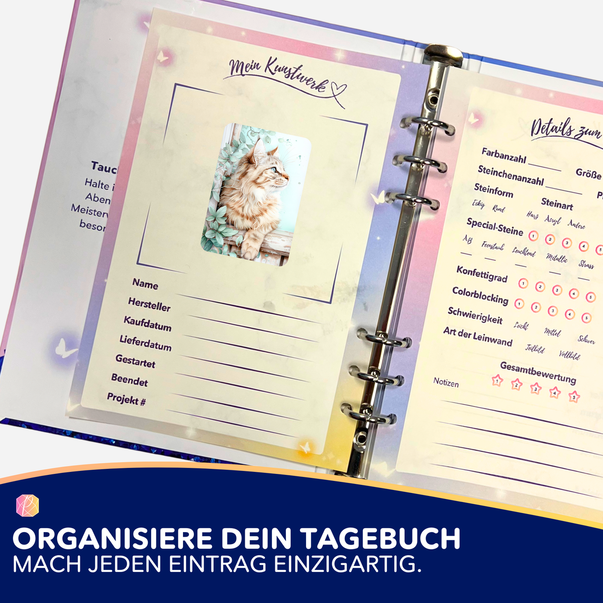 Kater Cosimo Sticker im Diamond Painting Tagebuch zur Organisation von Projekten für dein Hobby.