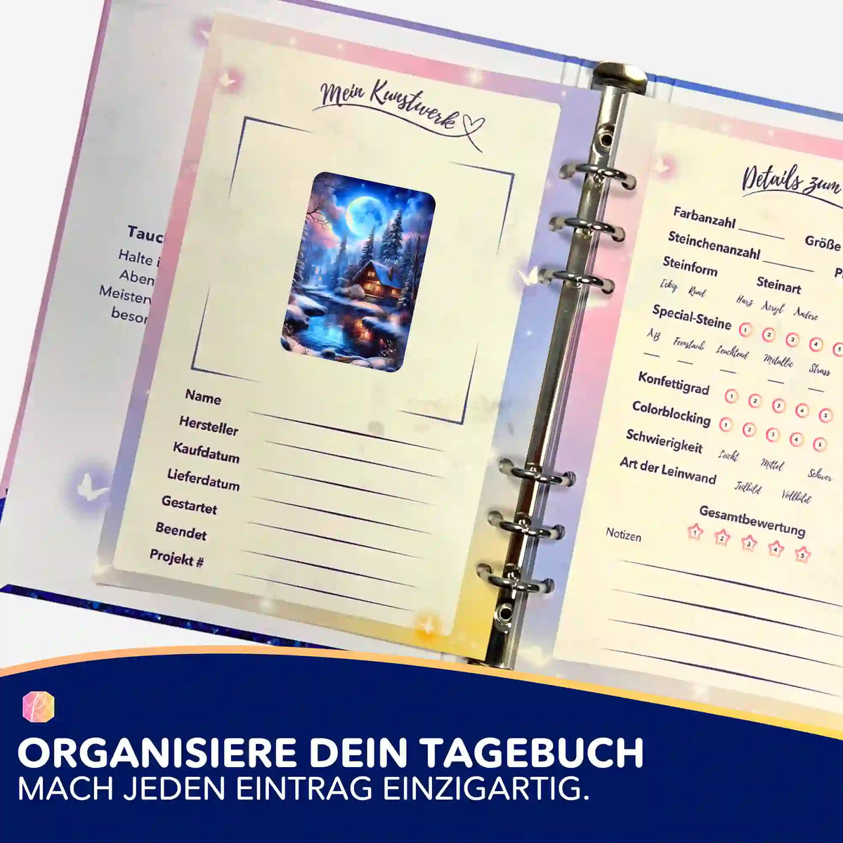 Picmondoo Diamond Painting Aufkleber im Sammelalbum zur Organisation von Kunstwerken mit Motiv Zuflucht im Silberlicht