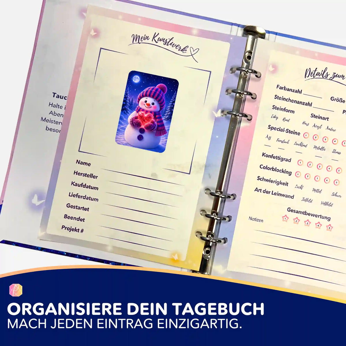 Picmondoo Aufkleber für Diamond Painting Tagebuch mit Winter-Schneemann Motiv zur Organisation deiner Kunstwerke
