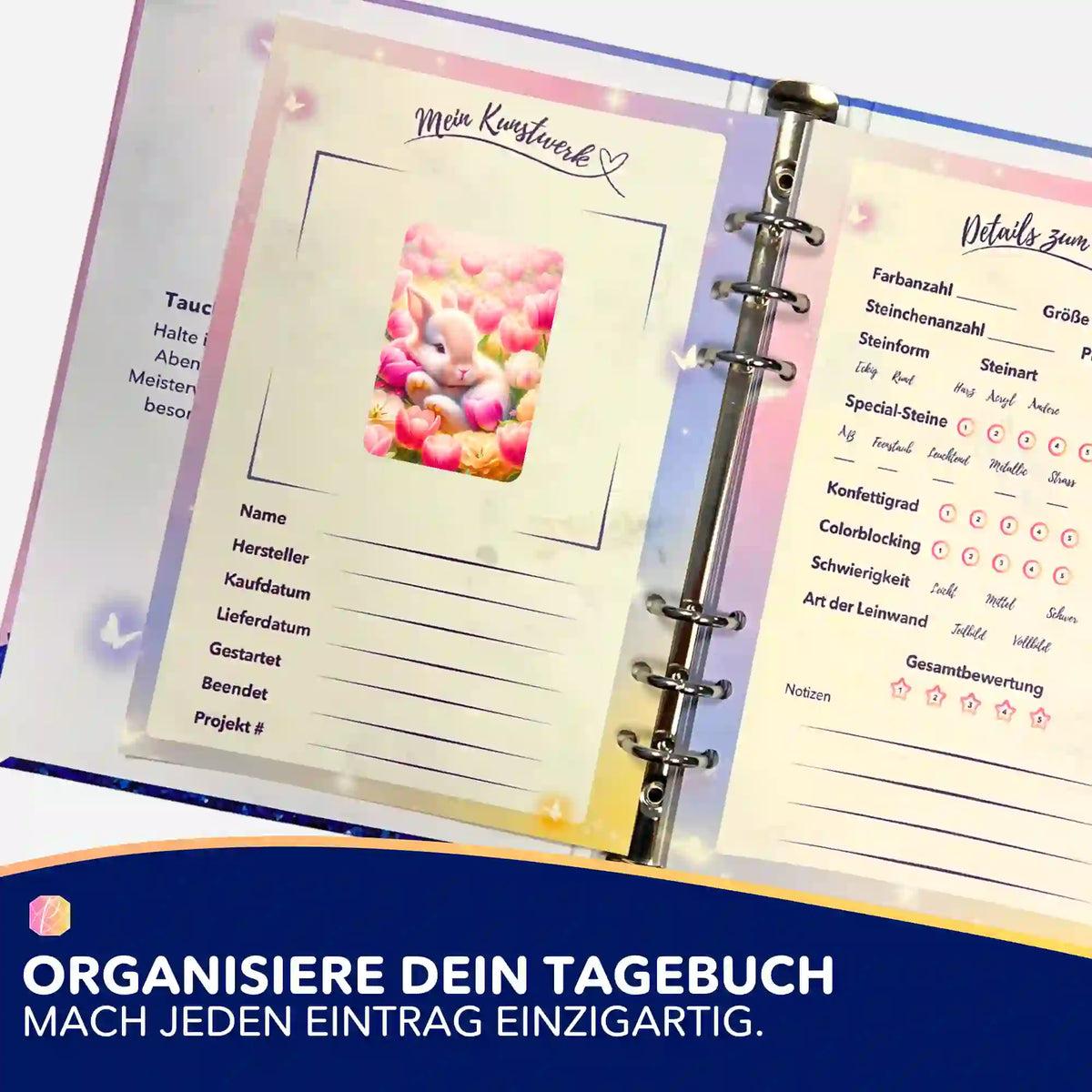 Picmondoo Diamond Painting Tagebuch mit Sticker vom verträumten Osterhäschen zur Organisation von Kunstwerken