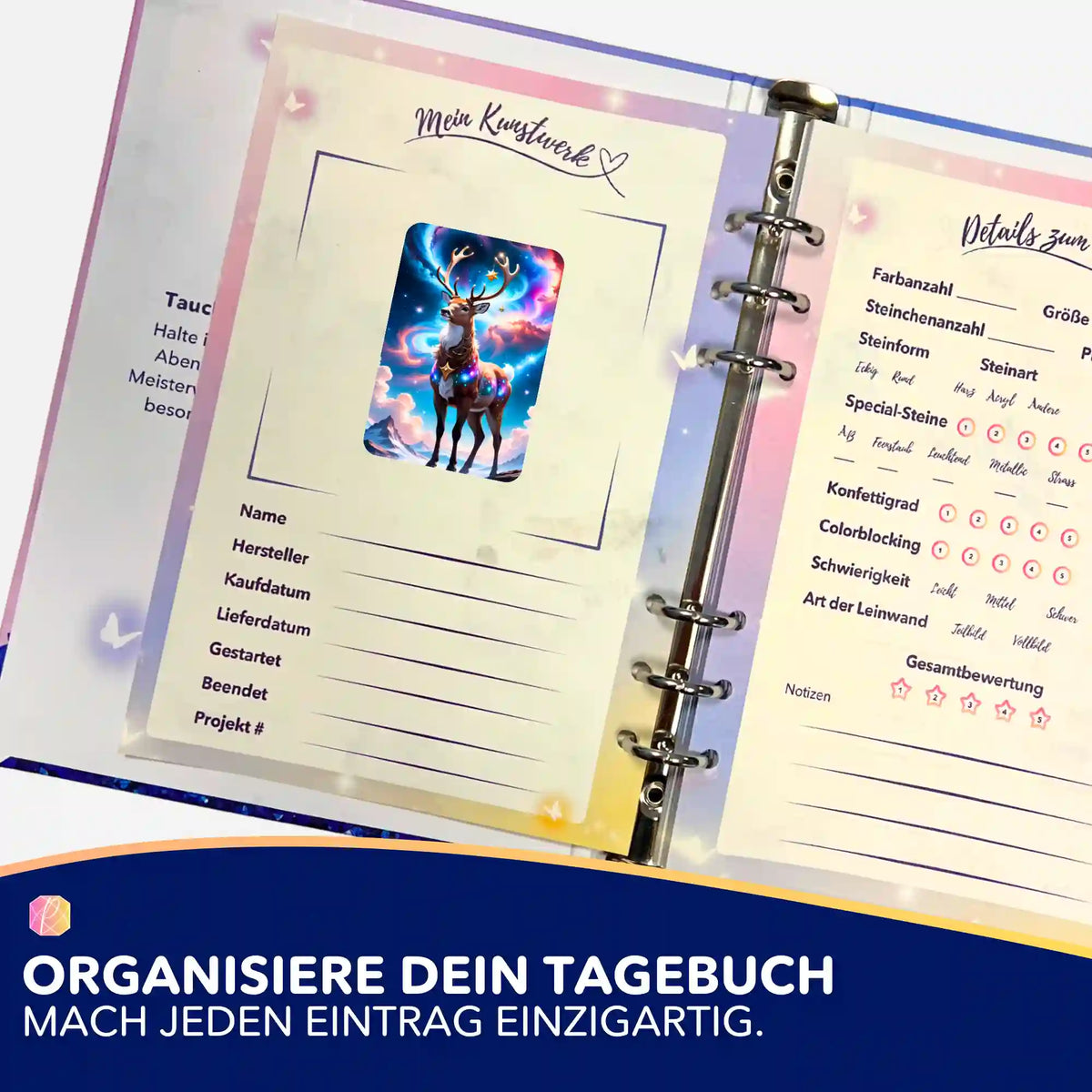 Diamond Painting Sticker Rentier im Abendzauber zur Organisation im Tagebuch für DIY-Kunstwerke und Diamanten Painting