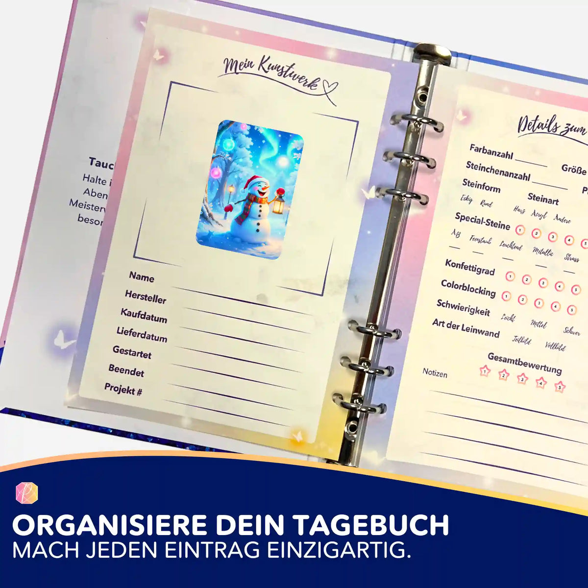 Picmondoo Aufkleber Set für Diamond Painting Tagebuch zur Organisation von DIY Projekten mit Schneemann Motivsticker