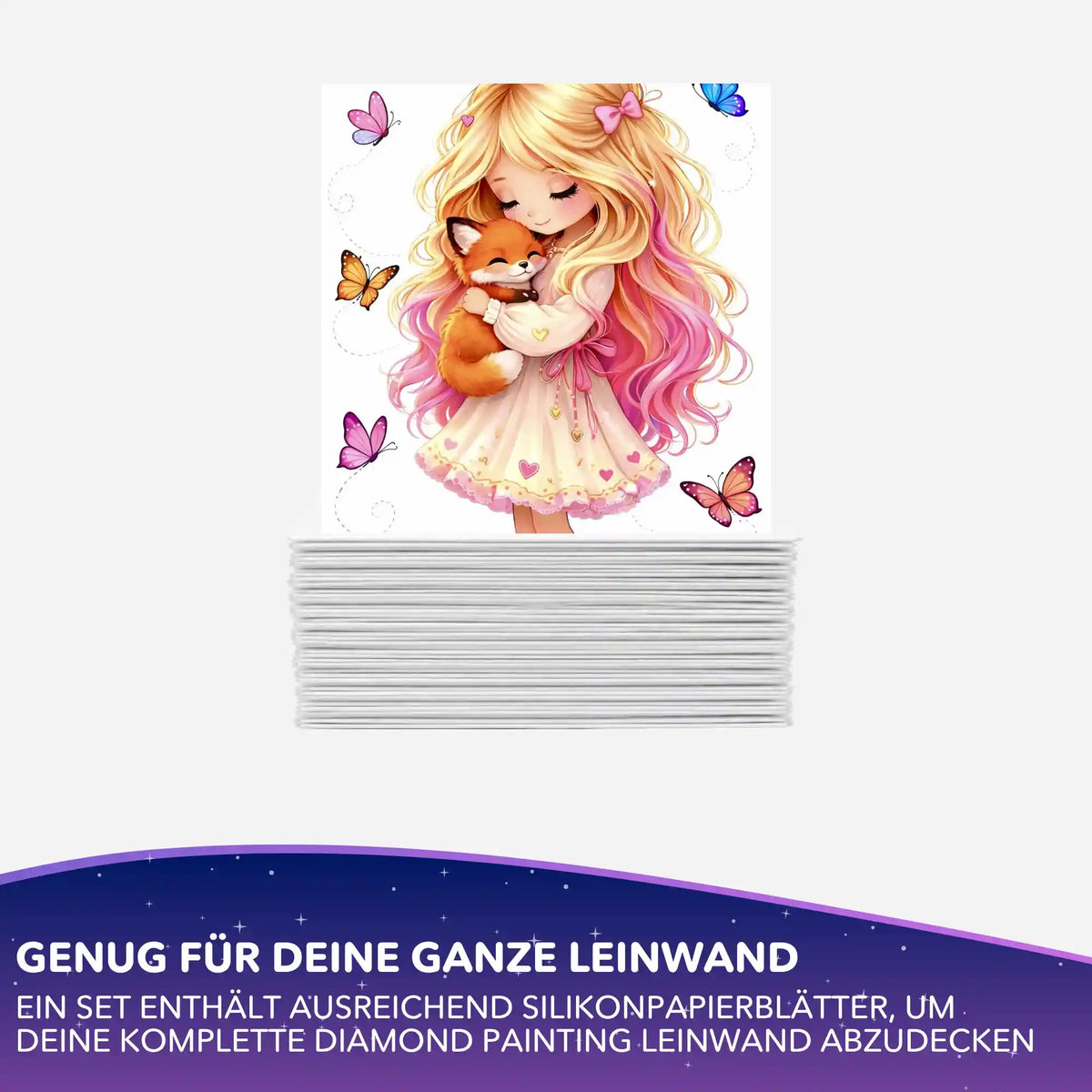Stapel Silikonpapier für Diamond Painting, oben Motiv mit blondem Mädchen, Fuchs und bunten Schmetterlingen