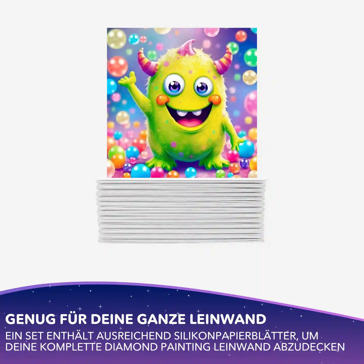 Diamond Painting Silikonpapier-Set Seppel mit grünem Monster-Motiv und Schutzpapier für die Leinwand