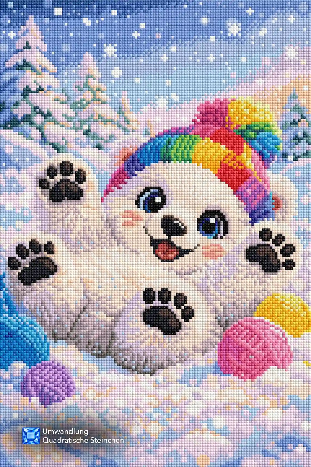 Diamond Painting Set Winterfreude mit niedlichem Eisbären in bunter Mütze spielend im verschneiten Winterwald.