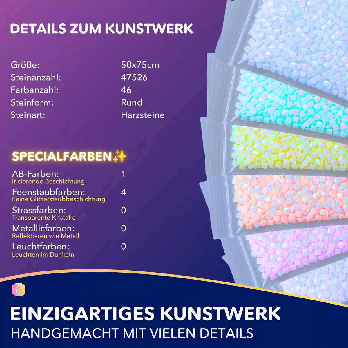 Diamond Painting Set Hüterin der Sterne: Übersicht der 46 bunten runden Harzsteine mit AB-Farben und Feenstaub-Effekten.