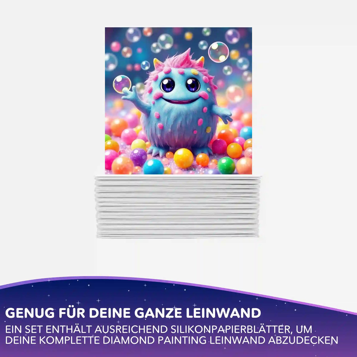 Silikonpapier-Set für Diamond Painting Leinwand mit buntem Monster Muffti Motiv.