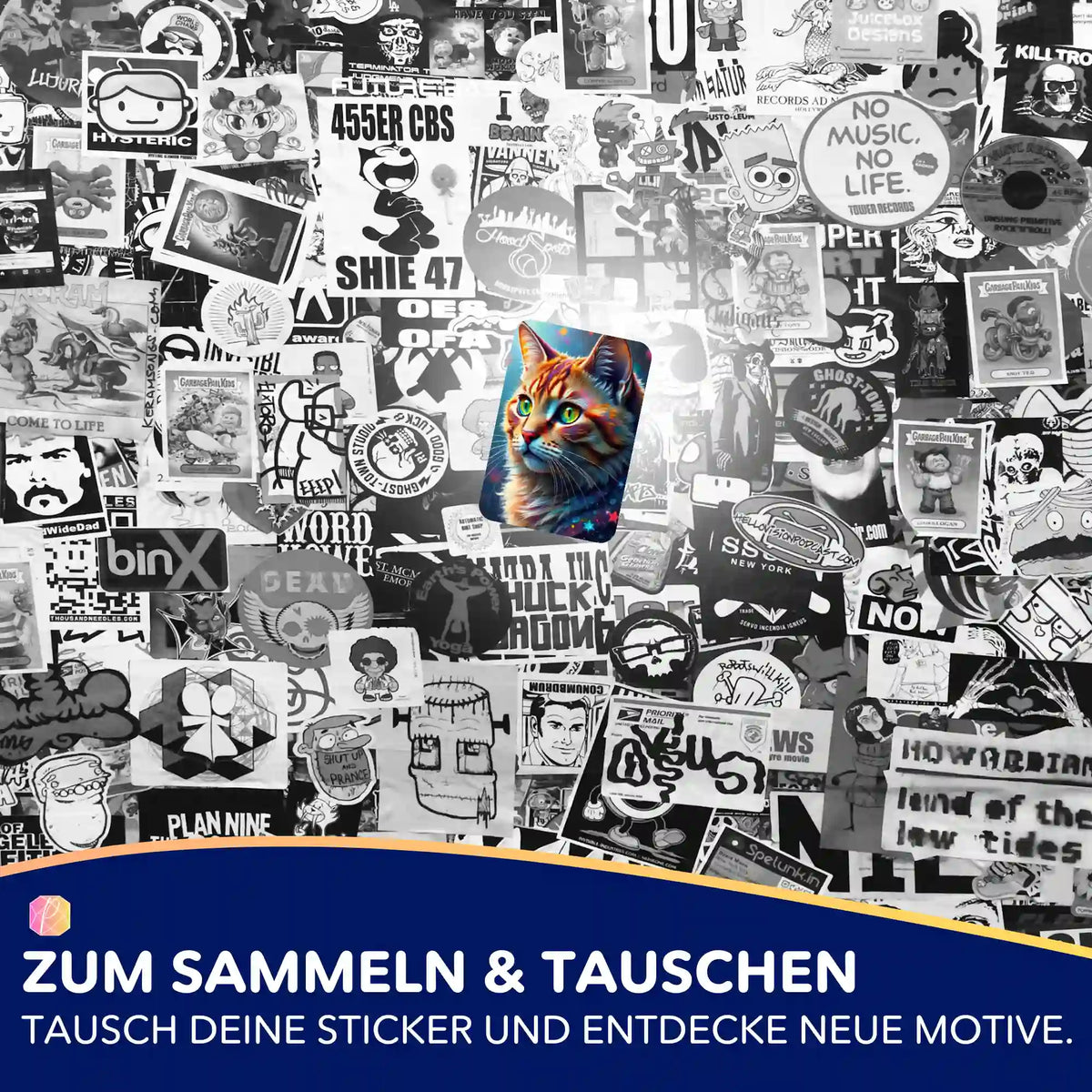 Farbenfroher Katzen-Sticker passend zum Diamond Painting Hobby auf einer Collage aus verschiedenen Aufklebern