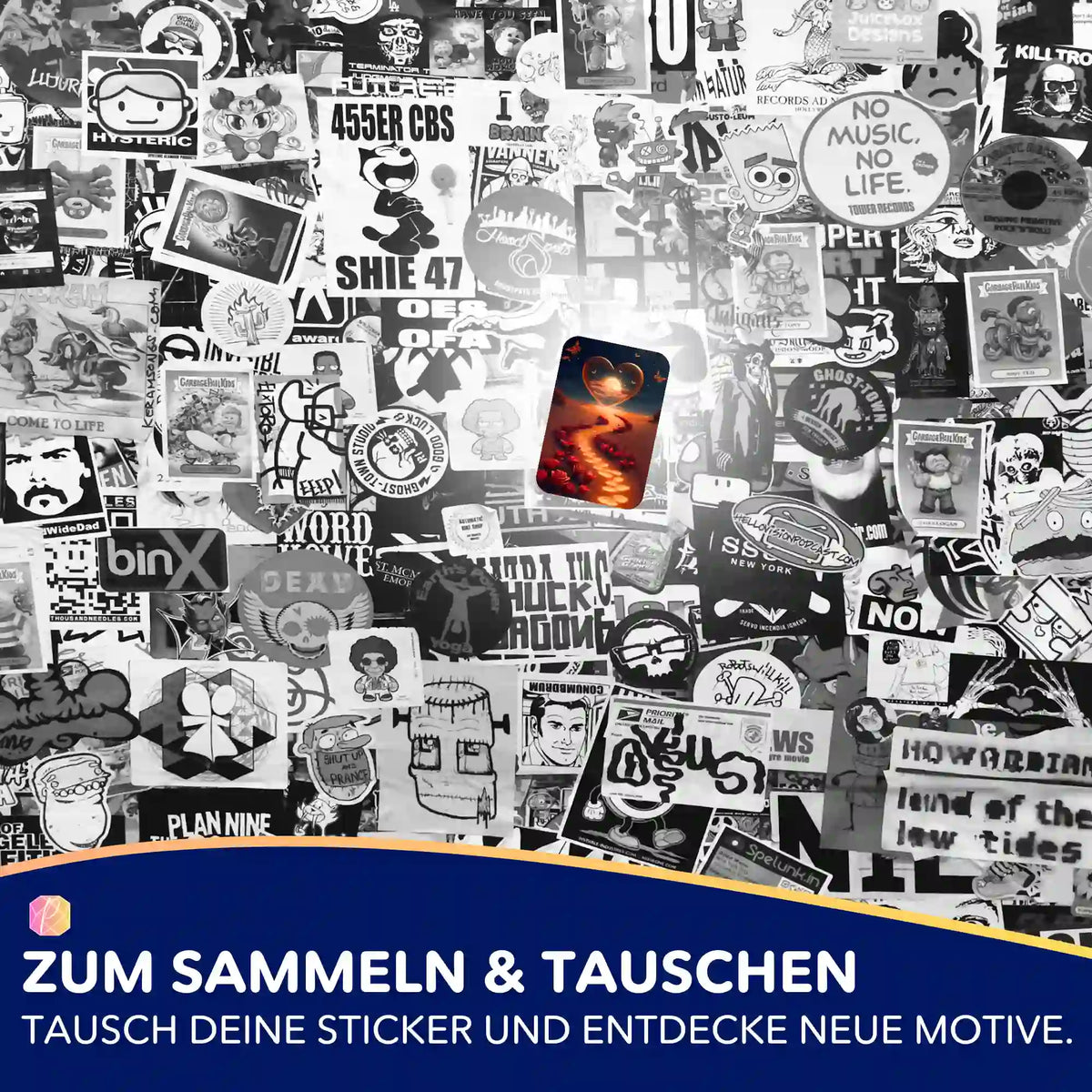 Buntes Herz-Motiv Aufkleber aus dem Picmondoo Diamond Painting Zubehör Set auf einer schwarz-weißen Stickerwand