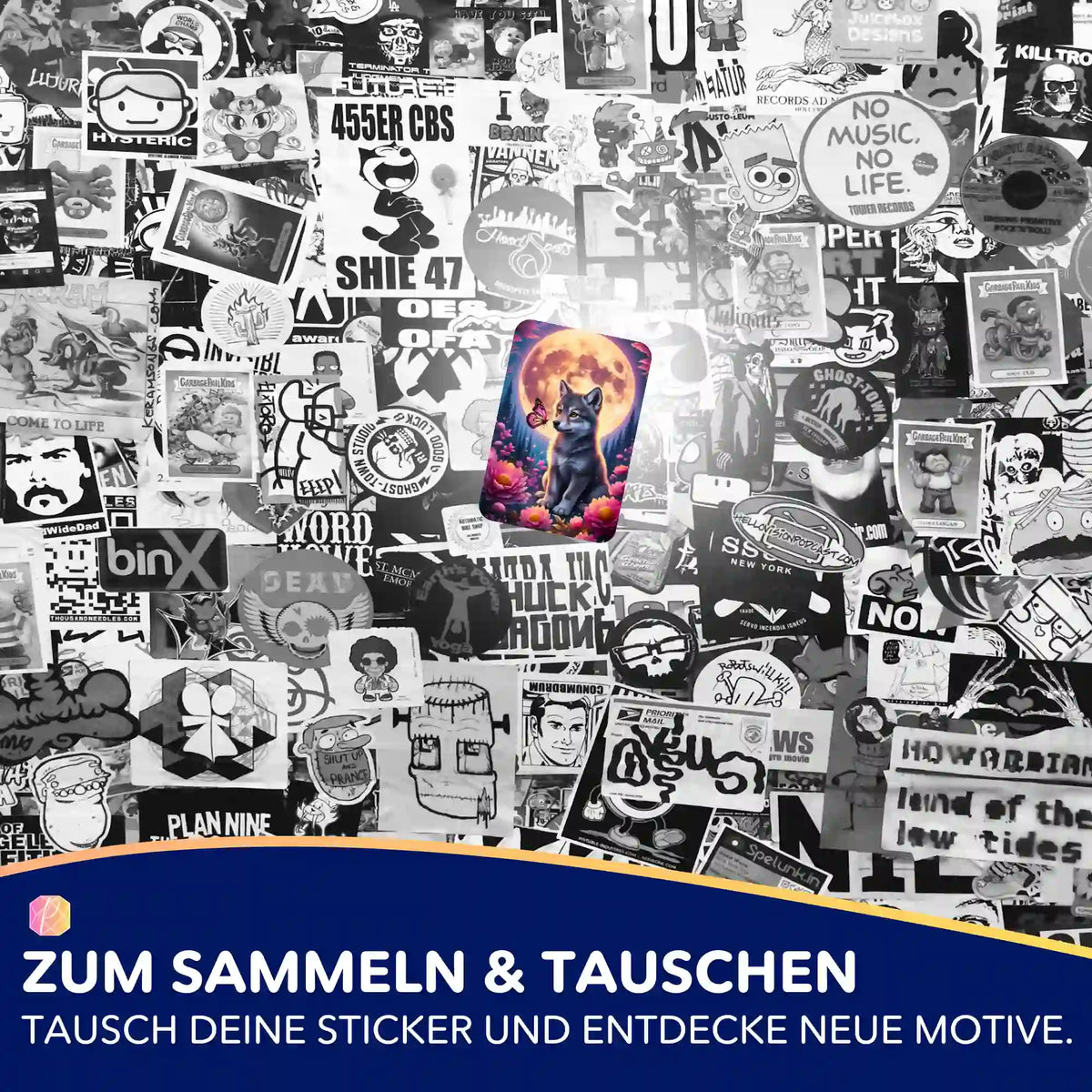 5er-Set Aufkleber für Diamond Painting und Bastelfans mit farbenfrohem Wolf-Motiv vor schwarz-weißem Sticker-Hintergrund