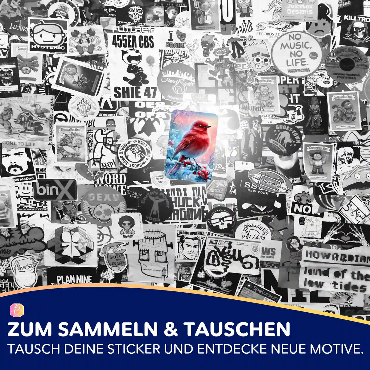 Farbiger Feuerherz-Vogel Sticker aus dem Diamond Painting Zubehör-Set von Picmondoo vor einer schwarz-weißen Collage.